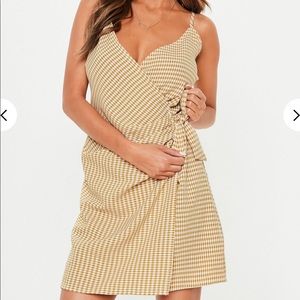 mustard gingham plaid tie side shift dress